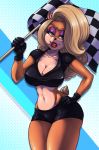  anthro bandicoot big_breasts blonde_hair breasts cleavage clothed clothing crash_bandicoot_(series) digital_media_(artwork) eyelashes female flag green_eyes hair hi_res lipstick long_hair looking_at_viewer makeup mammal marsupial milkybears navel simple_background skimpy smile solo tawna_bandicoot video_games 