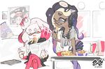  black_hair cephalopod_eyes chicken_nuggets commentary_request cropped_jacket crown dark_skin eating food french_fries gradient_hair hime_(splatoon) iida_(splatoon) inoue_seita logo long_hair mcdonald's multicolored_hair multiple_girls octarian official_art pantyhose pink_eyes poster_(object) purple_eyes short_hair sitting splatoon_(series) splatoon_2 tentacle_hair white_hair 