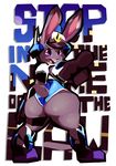  anthro armor big_butt butt clothed clothing cosplay disney english_text female hat helmet judy_hopps lagomorph mammal mighty_switch_force open_mouth pointing purple_eyes rabbit riendonut solo standing text thick_thighs tight_clothing video_games wayforward wide_hips zootopia 