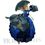  arm_up bangs blonde_hair blue_bow blue_dress blue_eyes blush bow closed_mouth copyright_name dress eyebrows_visible_through_hair full_body gloves hair_bow holding holding_umbrella layered_dress long_sleeves looking_at_viewer machinery mississippi_(victory_belles) official_art parted_bangs salmon88 salute simple_background smile solo tsurime umbrella victory_belles watermark wavy_hair white_background white_gloves 