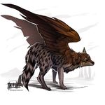  ambiguous_gender black_nose canine feathered_wings feathers feral green_eyes hybrid mammal paws simple_background solo standing tatiilange white_background wings wolf 