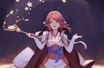  :d cape collarbone commentary cotton_tan downscaled fire_emblem fire_emblem_if hairband head_tilt holding holding_wand japanese_clothes kimono long_hair looking_up md5_mismatch obi obijime open_mouth red_eyes red_hair resized sakura_(fire_emblem_if) sash sleeves_past_wrists smile solo star wand white_cape 