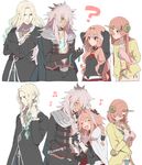  3boys ? alternate_hairstyle astolfo_(fate) beard bikini black_bow blonde_hair blue_bikini blue_eyes blue_skirt blush bow braid cape dark_skin dark_skinned_male eighth_note facial_hair fang fate/apocrypha fate/grand_order fate_(series) flower frankenstein's_monster_(fate) frankenstein's_monster_(swimsuit_saber)_(fate) garter_straps hair_flower hair_intakes hair_ornament hair_over_one_eye hair_over_shoulder hair_ribbon hairclip hand_in_hair headgear horn jacket long_hair matching_hairstyle multicolored_hair multiple_boys musical_note open_mouth otoko_no_ko pink_hair protected_link purple_eyes red_skirt ribbon ribbon_braid shirota_(kotatsumuringo) siegfried_(fate) single_braid sixteenth_note skirt streaked_hair swimsuit twin_braids twintails tying vlad_iii_(fate/apocrypha) white_background 