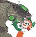  blush blush_stickers closed_eyes domino_mask eighth_note elbow_gloves gloves green_eyes green_gloves hat inkling licking mask mouth_hold musical_note orange_hair overalls pale_skin pointy_ears salmon_run salmonid sharp_teeth short_hair speech_bubble splatoon_(series) splatoon_2 spoken_musical_note steelhead_(splatoon) teeth tentacle_hair uniform 