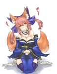  animal_ears blue_legwear breasts cleavage detached_sleeves fate/extra fate/extra_ccc fate/grand_order fate_(series) fox_ears fox_tail hair_ribbon heart highres japanese_clothes large_breasts looking_at_viewer pink_hair ribbon riku_hamano simple_background sitting solo tail tamamo_(fate)_(all) tamamo_no_mae_(fate) wariza white_background yellow_eyes 