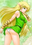  1girl ass bare_shoulders belt blonde_hair blush breasts circlet closed_mouth deedlit dress elf erect_nipples from_below green_background green_dress green_eyes long_hair looking_at_viewer marui_ryu medium_breasts panties pointy_ears record_of_lodoss_war short_dress simple_background sleeveless sleeveless_dress smile solo taut_clothes tunic very_long_hair 