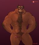  2017 abs anthro arm_hair balls beard beast_(disney) beauty_and_the_beast blue_eyes body_hair brown_balls brown_fur brown_penis chest_hair claws facial_hair fur gradient_background happy_trail horn huge_muscles looking_at_viewer male monster muscular nipples painis18 partially_retracted_foreskin pecs penis simple_background solo thick_lips tuft tusks uncut 