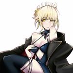  ahoge alternate_costume artoria_pendragon_(all) artoria_pendragon_(swimsuit_rider_alter) blonde_hair blush braid breasts choker cleavage enmaided fate/grand_order fate_(series) french_braid hand_on_own_chest hanibune highres looking_at_viewer maid medium_breasts partially_undressed solo swimsuit thighhighs thighs white_background yellow_eyes 