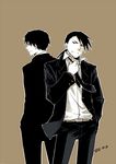  artist_name back-to-back belt black_eyes facing_away fly_rodney formal fullmetal_alchemist grey_background greyscale grin hand_in_pocket ling_yao long_hair looking_at_viewer looking_away male_focus monochrome multiple_boys necktie pants ponytail profile roy_mustang shirt short_hair simple_background smile suit white_shirt 
