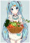  apron aqua_nails ascot basket bell_pepper black_neckwear blue_eyes blue_hair blue_nails cabbage carrot carrot_hair_ornament character_name cowboy_shot flower food_themed_hair_ornament frilled_apron frills hair_flower hair_ornament hairclip hatsune_miku highres holding holding_basket lettuce long_hair looking_at_viewer nail_polish onion pepper potato simple_background smile solo spring_onion tomato twintails umeno very_long_hair vocaloid 