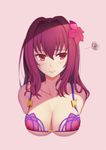  absurdres aira5 bad_id bad_pixiv_id bikini breasts commentary fate/grand_order fate_(series) flower hibiscus highres large_breasts long_hair looking_away purple_bikini purple_hair red_eyes scathach_(fate)_(all) scathach_(swimsuit_assassin)_(fate) solo swimsuit upper_body 