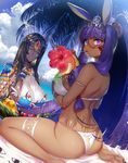  &lt;o&gt;_&lt;o&gt; animal_ears armlet ass bangs bare_legs barefoot beach bikini black_hair blue_sky blush breasts cleavage closed_mouth cloud cloudy_sky commentary_request dark_skin day drinking dutch_angle egyptian eyebrows_visible_through_hair fate/grand_order fate_(series) flower green_eyes hamada_pochiwo hibiscus highres huge_breasts jackal_ears large_breasts looking_at_viewer medjed multiple_girls nitocris_(fate/grand_order) nitocris_(swimsuit_assassin)_(fate) outdoors palm_tree pauldrons pink_flower ponytail purple_eyes purple_hair scheherazade_(fate/grand_order) sidelocks sitting sky smile soles swimsuit thighs tiara tree tropical_drink wariza white_bikini 