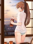  ass bangs blue_panties blue_sky blush bottle breasts brown_hair cityscape commentary_request cup drinking_glass eyebrows_visible_through_hair from_behind green_eyes highres holding holding_bottle iced_tea indoors kantai_collection kumano_(kantai_collection) lace lace-trimmed_panties long_hair looking_at_viewer morning narushima_kanna no_bra no_pants panties parted_lips ponytail see-through shirt short_sleeves sky small_breasts smile solo thighs twitter_username underwear very_long_hair white_shirt 