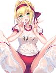  :d ahoge bangs blonde_hair blush braid breasts buruma clothes_writing double_v eyebrows_visible_through_hair fate/extra fate_(series) feet gorua_(youce01) green_eyes groin gym_shirt gym_uniform hair_intakes hands_up headband heart heart-shaped_pupils highres kneehighs looking_at_viewer md5_mismatch medium_breasts name_tag nero_claudius_(fate) nero_claudius_(fate)_(all) no_shoes olympian_bloomers open_mouth puffy_short_sleeves puffy_sleeves red_buruma see-through shirt short_sleeves sidelocks simple_background sitting smile socks soles solo spread_legs symbol-shaped_pupils thighs toes v wet wet_clothes wet_legwear wet_shirt wet_socks white_background white_legwear 