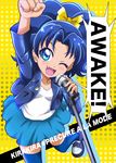  ;d arm_up blue_eyes blue_hair blue_jacket blue_legwear blue_skirt blush bow clenched_hand copyright_name cover cover_page doujin_cover fang hair_bow hanzou highres jacket kirakira_precure_a_la_mode looking_at_viewer microphone one_eye_closed open_mouth polka_dot polka_dot_background precure raised_fist shirt shoes short_hair skirt smile solo standing standing_on_one_leg tategami_aoi thighhighs white_shirt yellow_background yellow_bow 