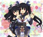  :d :o bare_shoulders black_hair blush breasts caro-xy cleavage gloves hair_ornament hair_ribbon hug long_hair looking_at_viewer medium_breasts multiple_girls neptune_(series) noire one_eye_closed open_mouth red_eyes ribbon smile twintails two_side_up uni_(choujigen_game_neptune) very_long_hair 
