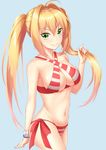  :&gt; ahoge bikini blonde_hair bracelet breasts closed_mouth criss-cross_halter fate/grand_order fate_(series) green_eyes hair_between_eyes hair_intakes halterneck highres jewelry large_breasts long_hair looking_at_viewer navel nero_claudius_(fate)_(all) nero_claudius_(swimsuit_caster)_(fate) side-tie_bikini smile solo striped striped_bikini swimsuit twintails v-shaped_eyebrows zuizhong 