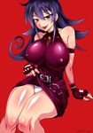  arm_support artist_name bare_shoulders belt blue_hair blush breasts choker covered_nipples curly_hair dated dress dress_lift duel_masters fingerless_gloves gloves hair_between_eyes half-closed_eyes halterneck highres impossible_clothes impossible_dress invisible_chair knees large_breasts lifted_by_self long_hair looking_at_viewer nail_polish naughty_face panties purple_dress purple_eyes purple_gloves purple_hair purple_nails red_background seductive_smile shiny shiny_clothes shiny_skin simple_background sitting smile solo tasogare_mimi taut_clothes taut_dress tongue tongue_out underwear white_panties zasshu_nigou 