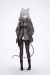  animal_ears cat_ears cat_tail commentary deel_(rkeg) full_body grey_eyes grey_hair hands_in_pockets highres jacket looking_at_viewer original pantyhose pantyhose_under_shorts solo standing tail 