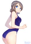  artist_name ass blue_eyes blue_swimsuit competition_swimsuit cowboy_shot flat_ass grey_hair looking_at_viewer looking_back love_live! love_live!_sunshine!! marshall_(wahooo) one-piece_swimsuit short_hair simple_background smile solo swimsuit watanabe_you white_background 