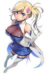  asymmetrical_hair bare_shoulders blonde_hair blue_eyes blush breasts cleavage collared_dress detached_sleeves dress foreshortening from_above frown full_body hair_ornament hairclip hand_on_hip highres large_breasts long_hair looking_at_viewer mebaru minerva_(re:zero) multicolored multicolored_clothes multicolored_dress re:zero_kara_hajimeru_isekai_seikatsu short_dress side_ponytail sleeves_past_wrists solo standing thighhighs white_background white_legwear 