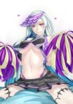  black_skirt blue_hair blush bouncing_breasts breasts brynhildr_(fate) cheer_for_master cheerleader fate/grand_order fate_(series) heart highres jikeshi large_breasts long_hair midriff navel pleated_skirt pom_poms purple_eyes silver_hair skirt solo straddling thigh_strap underboob very_long_hair visor_cap 