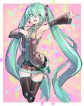  absurdres aqua_hair armpits black_legwear boots commentary_request deluxe&lt;&lt;&lt; detached_sleeves hatsune_miku headset highres long_hair looking_at_viewer music nail_polish necktie open_mouth pleated_skirt singing skirt sleeveless solo thigh_boots thighhighs twintails very_long_hair vocaloid 