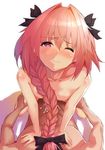  3; astolfo_(fate) bangs black_bow blush bow boy_on_top braid commentary_request cowgirl_position cum_on_stomach dark_skin dark_skinned_male eyebrows_visible_through_hair fate/apocrypha fate/grand_order fate_(series) hair_censor hair_intakes looking_at_viewer looking_up male_focus multicolored_hair multiple_boys nipples nose_blush nude one_eye_closed otoko_no_ko pink_hair purple_eyes sex single_braid solo_focus straddling streaked_hair wince yakisaba_teishoku yaoi 