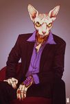  anthro chair clothed clothing feline hairless looking_at_viewer male mammal nikolas_pascal pale_skin ring sitting slit_pupils solo sphynx suit tattoo yellow_eyes zarnala 