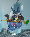  2017 bdsm blindfold bound broom canine cum japanese_text k lucario mammal nintendo pok&eacute;mon simple_background spike_(disambiguation) spread_legs spreading tape text urinal urine video_games 