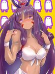  3: ame_(memory_a) animal_ears bikini blush bracelet breasts cleavage dark_skin earrings facial_mark fake_animal_ears fate/grand_order fate_(series) highres jackal_ears jewelry large_breasts long_hair looking_at_viewer medjed navel nitocris_(fate/grand_order) nitocris_(swimsuit_assassin)_(fate) pointing pointing_at_self ponytail purple_eyes purple_hair solo swimsuit very_long_hair wavy_mouth 