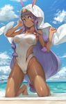  absurdres animal_ears ass_visible_through_thighs bangs bare_legs barefoot beach blue_sky breasts closed_mouth cloud cloudy_sky collarbone competition_swimsuit covered_navel dark_skin day earrings facial_mark fate/grand_order fate_(series) hair_tubes hairband highres hood hoodie hoop_earrings jackal_ears jewelry kneeling long_hair looking_at_viewer low-tied_long_hair medium_breasts necklace nitocris_(fate/grand_order) nitocris_(swimsuit_assassin)_(fate) one-piece_swimsuit outdoors pinky_out purple_eyes purple_hair sidelocks sky smile solo swimsuit taut_clothes taut_swimsuit very_long_hair white_swimsuit yohan1754 