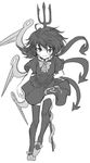  absurdres ahoge arm_behind_back asymmetrical_wings bad_id bad_twitter_id behind_back black_dress black_legwear blush bow bowtie dress eyebrows_visible_through_hair frills full_body greyscale hair_between_eyes highres houjuu_nue looking_at_viewer manarou monochrome polearm shoe_bow shoes short_dress short_hair short_sleeves simple_background sketch smile snake solo thighhighs touhou trident tsurime weapon white_background wings zettai_ryouiki 