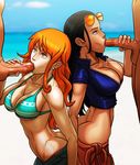  2boys 2girls ass beach black_hair blowjobs bra breasts butt_crack earrings fellatio hips jeans large_breasts long_hair looking_up multiple_boys multiple_girls nami_(one_piece) nico_robin one_piece orange_hair penis sea sky sunglasses sunglasses_on_head testicle together uncensored 
