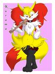  animal_genitalia anthro balls border bow braixen canine choker cute_fangs digital_media_(artwork) digitigrade english_text fluffy fluffy_tail fox fully_sheathed fur hand_on_hip hi_res holding_object inner_ear_fluff kurama_the_braixen looking_at_viewer male mammal mrpandragon naughty_face navel nintendo pinup pok&eacute;mon pose pseudo_clothing sheath simple_background solo standing text video_games 