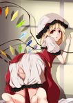  absurdres against_wall anus barefoot bent_over blonde_hair bloomers flandre_scarlet hat highres indoors looking_at_viewer mu_yan puffy_sleeves pussy red_eyes red_skirt skirt skirt_set solo tareme touhou underwear white_hat wings 