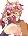  absurdres animal_ears ass bell bell_collar black_legwear blush breasts collar detached_sleeves fang fate/grand_order fate_(series) fox_ears fox_tail hair_ribbon highres japanese_clothes large_breasts long_hair looking_at_viewer looking_back nib_pen_(medium) nipples open_mouth paws pink_hair ribbon simple_background solo tail tamamo_(fate)_(all) tamamo_cat_(fate) thighhighs tomatomato_(tomato_kanzume) traditional_media white_background yellow_eyes 