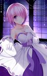  1girl alternate_costume bare_shoulders blue_eyes blush breasts cleavage closed_mouth collarbone dress elbow_gloves fate/grand_order fate_(series) female formal gloves hair_over_one_eye hand_on_own_chest highres indoors jewelry lavender_hair matthew_kyrielite medium_breasts neck night purple_eyes ring shade shielder_(fate/grand_order) short_hair smile solo standing strapless strapless_dress type-moon white_dress white_gloves window 
