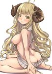  ahoge anila_(granblue_fantasy) ass barefoot blonde_hair blush breasts brown_eyes butt_crack closed_mouth draph eyebrows_visible_through_hair from_side granblue_fantasy hand_on_own_foot hand_on_own_thigh head_tilt highres horns large_breasts long_hair looking_at_viewer meme_attire piano-alice sideboob sketch smile solo sweater thick_eyebrows turtleneck turtleneck_sweater very_long_hair virgin_killer_sweater white_background 