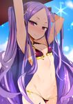  armpits arms_up bangs bikini blue_sky blush bow breasts closed_mouth cowboy_shot day eyeliner facial_mark fate/grand_order fate_(series) forehead_mark groin hair_bow highres long_hair looking_at_viewer looking_away lowleg lowleg_bikini makeup muoto navel nose_blush outdoors parted_bangs purple_bikini purple_eyes purple_hair seaside_luxury shade sidelocks sky small_breasts smile solo sparkle swimsuit two_side_up very_long_hair wet wet_hair wu_zetian_(fate/grand_order) 