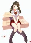  absurdres bangs black_legwear blue_eyes blush bow bowtie brown_hair caidychen collarbone full_body highres loafers long_hair looking_at_viewer original parted_lips pleated_skirt scan shirt shoes short_sleeves simple_background sitting skirt stairs twintails white_shirt 