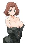  azumi_(girls_und_panzer) bare_shoulders blue_eyes bra breasts brown_hair cleavage collarbone commentary_request eyebrows_visible_through_hair girls_und_panzer harukon_(halcon) highres huge_breasts looking_at_viewer military military_uniform off_shoulder selection_university_military_uniform short_hair simple_background solo underwear uniform white_background 