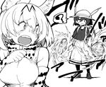  ? absurdres animal_ears backpack bag bare_shoulders blush bow bowtie elbow_gloves eyebrows_visible_through_hair fire gloves greyscale hair_between_eyes hand_up hat hat_feather helmet highres kaban_(kemono_friends) kemono_friends looking_at_another monochrome motion_lines multiple_girls open_mouth pantyhose pith_helmet serval_(kemono_friends) serval_ears serval_print shigurio shirt short_hair shorts sleeveless sleeveless_shirt smile spoken_question_mark standing sweat sweating_profusely upper_body wavy_hair 