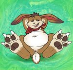  abstract_background anthro anus anus_only belly big_belly brown_fur buckteeth claws featureless_crotch feet fur green_background half-closed_eyes hare hare_(monster_rancher) lagomorph long_ears lounging male mammal navel neckerchief open_mouth pawpads paws presenting relaxing semi-anthro short_tail simple_background slightly_chubby solo spread_legs spreading tan_fur teeth toe_claws yagi-no-baka 