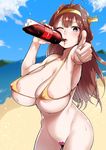  absurdres ahoge areola_slip areolae beach bikini blue_sky blush bottomless breasts brown_eyes brown_hair cola covered_nipples cowboy_shot day double_bun drinking foreshortening hair_intakes hairband headdress headgear highres huge_breasts kantai_collection kayumidome kongou_(kantai_collection) large_areolae lips long_hair looking_at_viewer maebari one_eye_closed outdoors puffy_nipples skindentation sky smile soda_bottle solo sweat swimsuit thumbs_up wet yellow_bikini_top 