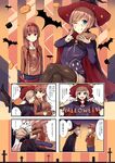  4koma :d ;q absurdres anger_vein bat black_legwear blonde_hair blue_eyes boots breast_grab breasts brown_hair candy cape closed_eyes clothes_writing comic commentary_request cross denim food food_fight glowing glowing_eye grabbing grabbing_from_behind grin hair_over_shoulder hair_ribbon hairband halloween halloween_costume hat highres jack-o'-lantern jacket jeans long_hair long_sleeves looking_at_viewer low_twintails medium_breasts motion_lines multiple_girls one_eye_closed open_mouth original outstretched_arms pants pantyhose pie pumpkin red_ribbon ribbon shaded_face short_hair short_ponytail shorts smile teeth tongue tongue_out translation_request tsuchikure twintails witch_hat yellow_eyes 