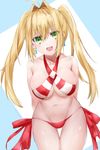  :d ahoge aqua_earrings bikini blonde_hair blush breasts commentary_request criss-cross_halter earrings fate/extra fate/grand_order fate_(series) green_eyes hair_intakes halterneck izuki_hiyako jewelry jpeg_artifacts large_breasts looking_at_viewer nero_claudius_(fate)_(all) nero_claudius_(swimsuit_caster)_(fate) open_mouth red_bikini red_ribbon ribbon side-tie_bikini smile solo swimsuit twintails twitter_username underboob 