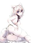  animal_ears ass black_collar blue_eyes bow_(bhp) breasts collar commentary eyebrows_visible_through_hair from_behind hair_between_eyes hand_on_own_ass leash long_hair looking_at_viewer medium_breasts nipples open_mouth original panties simple_background sitting solo tail thighhighs topless underwear white_background white_hair white_legwear white_panties 