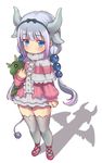  :/ arm_at_side beads blue_hair blush capelet clenched_hand closed_mouth different_shadow dragon_horns dragon_tail eyebrows_visible_through_hair full_body gradient_hair hair_beads hair_ornament hairband highres holding holding_stuffed_animal horns kanna_kamui kanna_kamui_(dragon)_(maidragon) kobayashi-san_chi_no_maidragon lavender_hair looking_at_viewer low_twintails multicolored_hair piano-alice pink_footwear shoes silhouette solo standing stuffed_animal stuffed_dragon stuffed_toy tail thighhighs twintails white_background white_legwear 