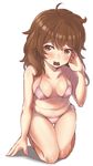  ahoge bare_arms bikini blush breasts breasts_apart brown_hair chocolate chocolate_heart closed_mouth collarbone copyright_request eyebrows_visible_through_hair full_body hair_between_eyes head_tilt heart highres kneeling long_hair looking_at_viewer medium_breasts mouth_hold piano-alice pink_bikini solo swimsuit white_background 